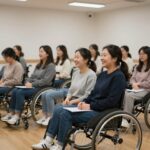 여성장애인들이 함께 웃으며 교육 프로그램에 참여하고 있는 모습