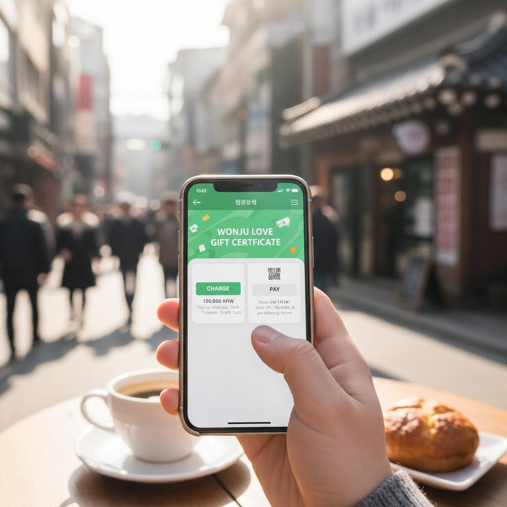스마트폰에 표시된 지역상품권 착 앱 화면으로 원주사랑상품권 충전 및 사용 방법 안내