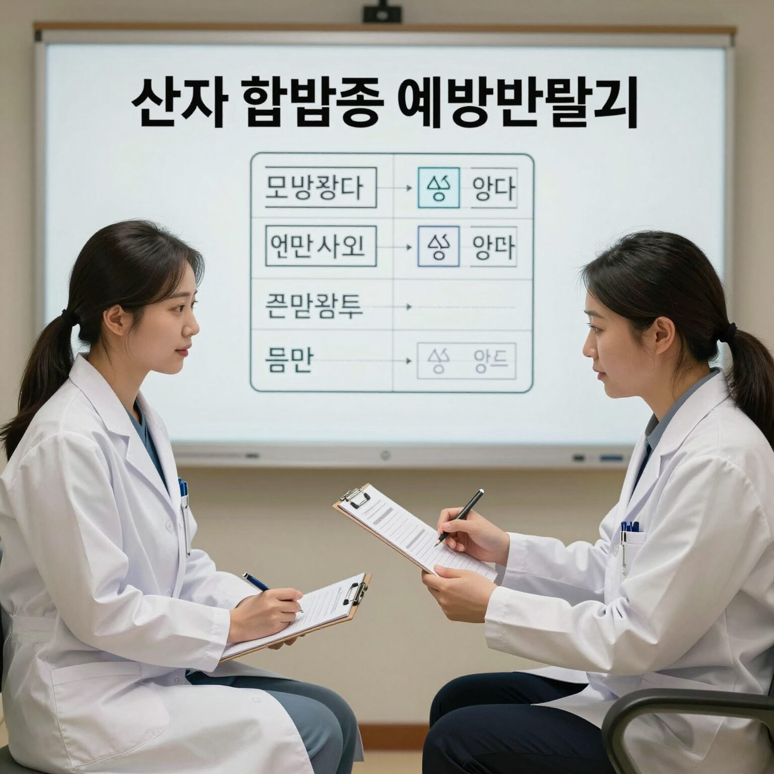 산재 합병증 예방관리 개념을 설명하는 그림, 의사와 환자가 건강 차트를 보며 대화하는 모습