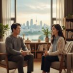 산재근로자가 전문 상담사와 대화하며 심리적 안정을 찾는 모습