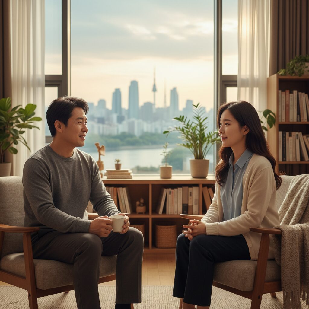 산재근로자가 전문 상담사와 대화하며 심리적 안정을 찾는 모습