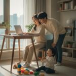 책상 앞에서 노트북을 사용하는 부모와 옆에서 놀고 있는 어린 아이의 모습