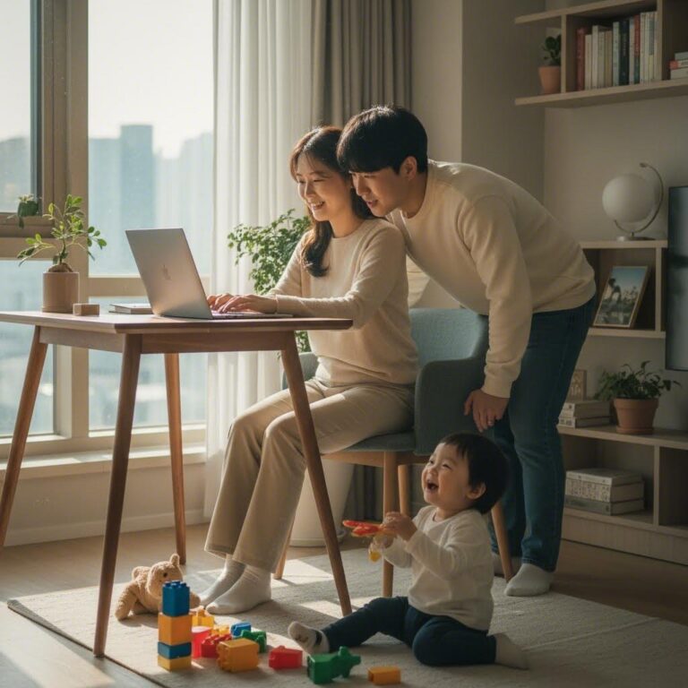 책상 앞에서 노트북을 사용하는 부모와 옆에서 놀고 있는 어린 아이의 모습