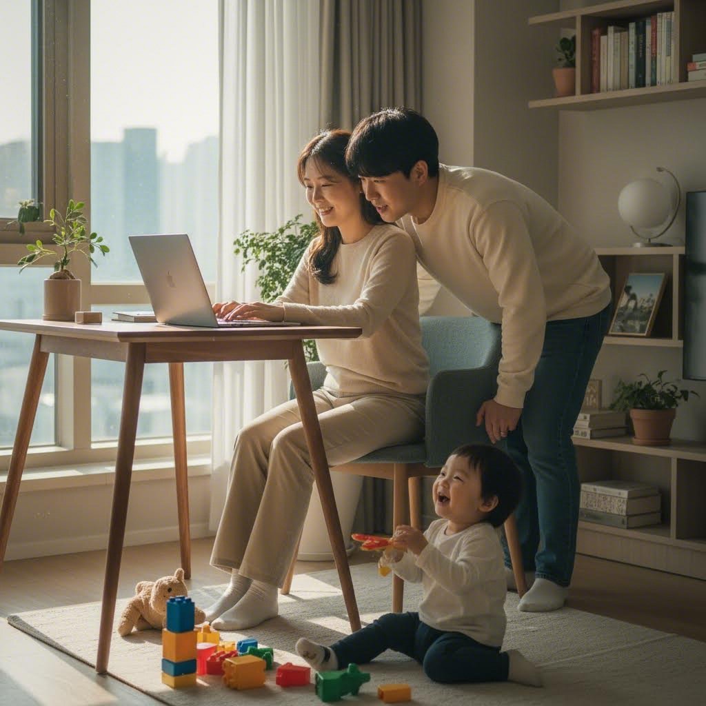 책상 앞에서 노트북을 사용하는 부모와 옆에서 놀고 있는 어린 아이의 모습