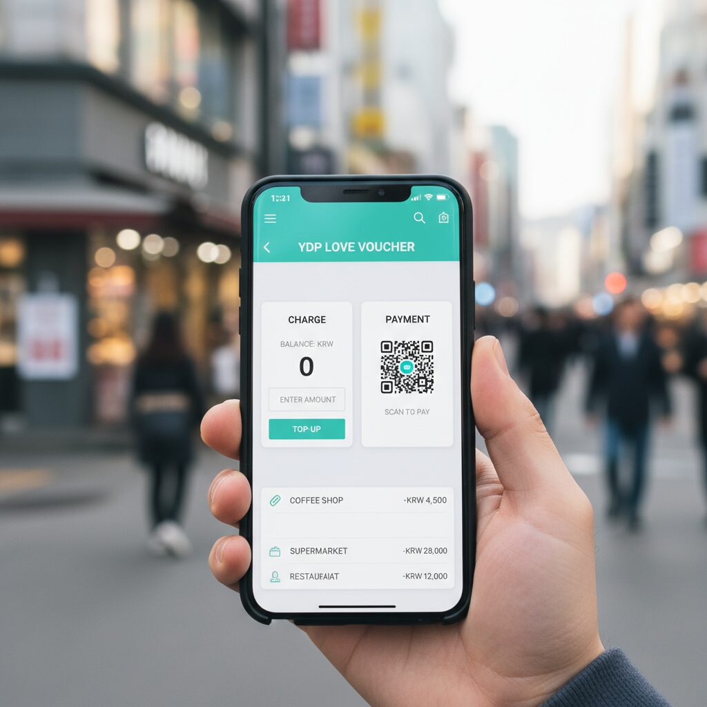 스마트폰 화면에 표시된 영등포사랑상품권 앱의 충전 및 결제 화면