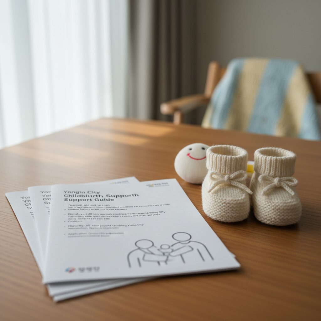 용인시 출산지원금 안내서와 아기 신발 사진