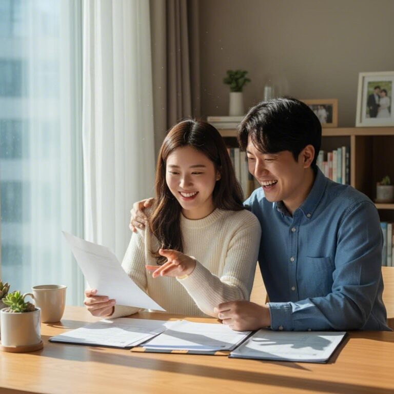 청년부부가 결혼축하금 관련 서류를 확인하며 웃고 있는 모습