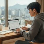 청년이 노트북으로 저축 계획을 세우고 있는 모습