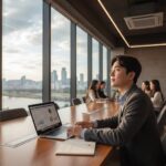 청년이 노트북으로 사업 계획을 세우며 미래를 바라보는 모습