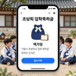 의왕시 초등학교 입학축하금 온라인 신청 화면과 책가방, 학용품 이미지