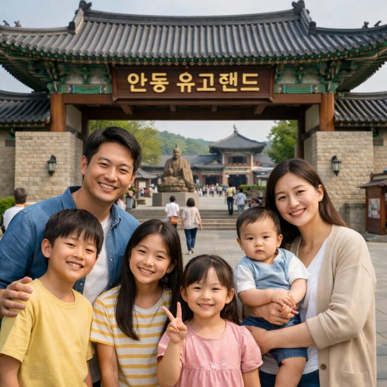 안동 유교랜드 입구와 다자녀 가족이 함께하는 모습을 상징하는 이미지