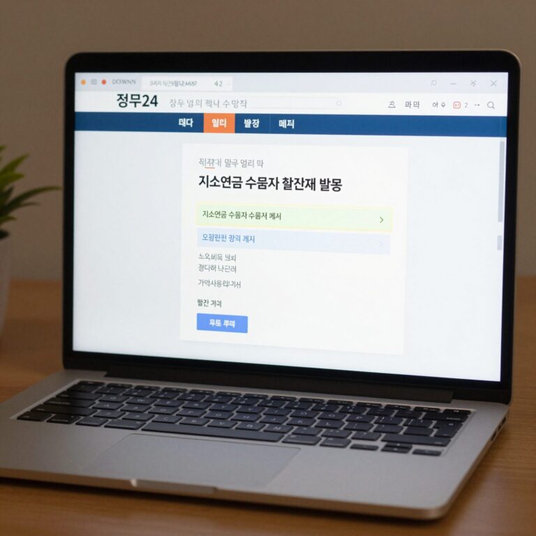 노트북 화면에 정부24 홈페이지가 열려 있고 기초연금 수급자 확인서 발급 메뉴가 강조 표시된 모습