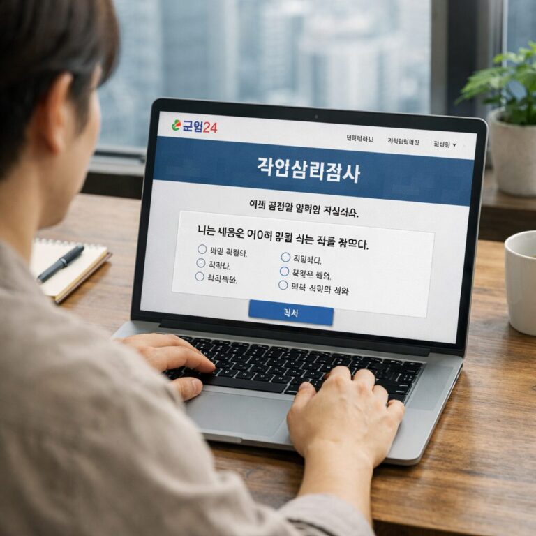 노트북으로 고용24 직업심리검사를 진행하는 모습