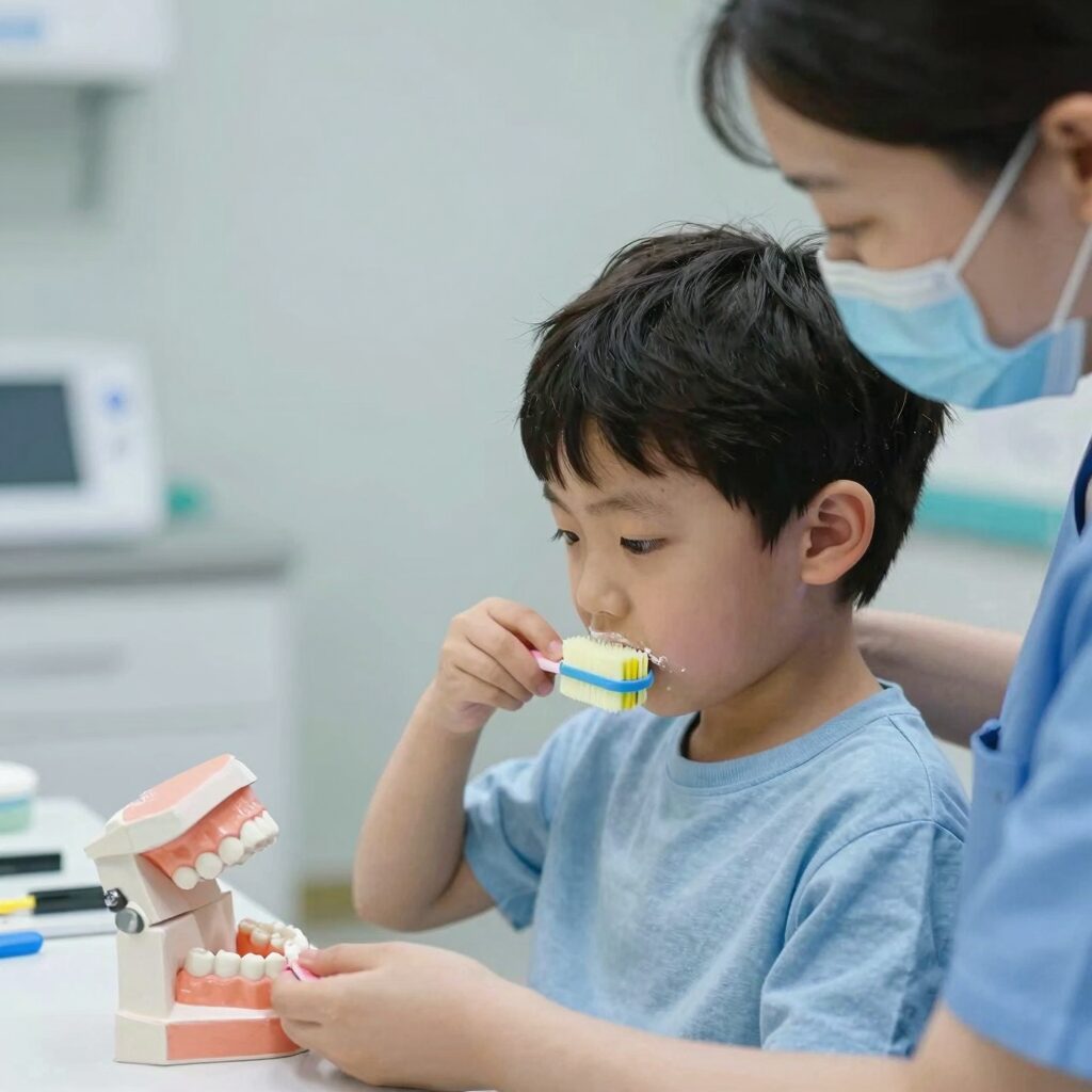 어린이가 치아 모형을 보며 치과위생사와 함께 칫솔질 방법을 배우고 있는 모습