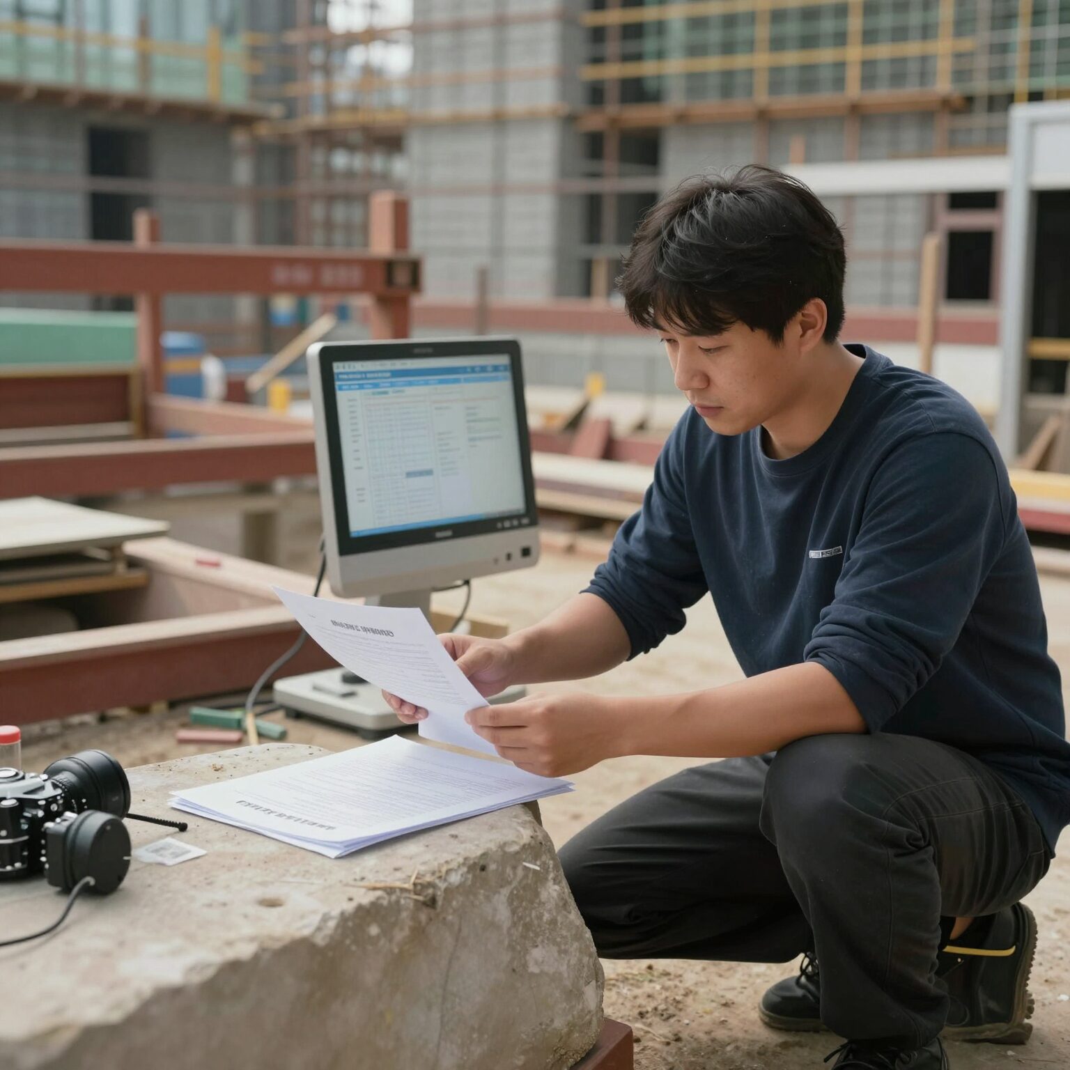건설현장에서 일하는 근로자가 건강검진 결과지를 보고 있는 모습