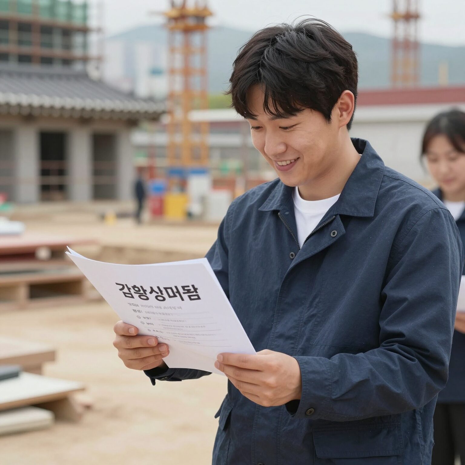 건설현장에서 일하는 근로자가 결혼식 지원금 안내서를 보고 미소 짓는 모습