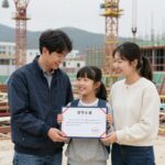 건설현장에서 일하는 근로자와 대학생 자녀가 함께 미소 지으며 장학금 수혜를 기뻐하는 모습