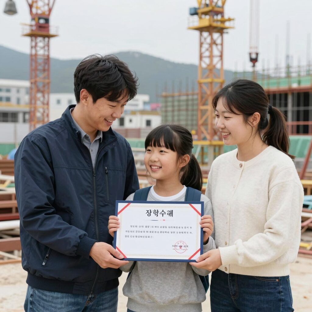 건설현장에서 일하는 근로자와 대학생 자녀가 함께 미소 지으며 장학금 수혜를 기뻐하는 모습