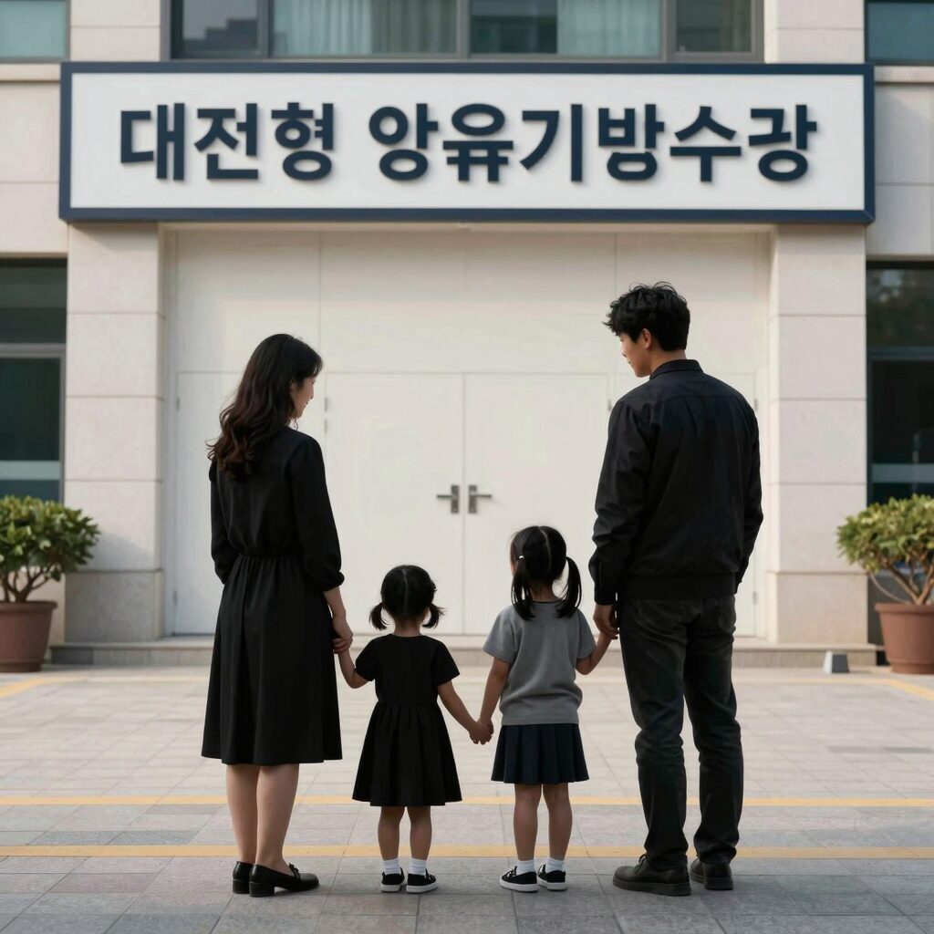 대전형 양육기본수당을 상징하는 이미지, 대전 시청과 아이와 부모가 함께하는 실루엣, 행복한 가족