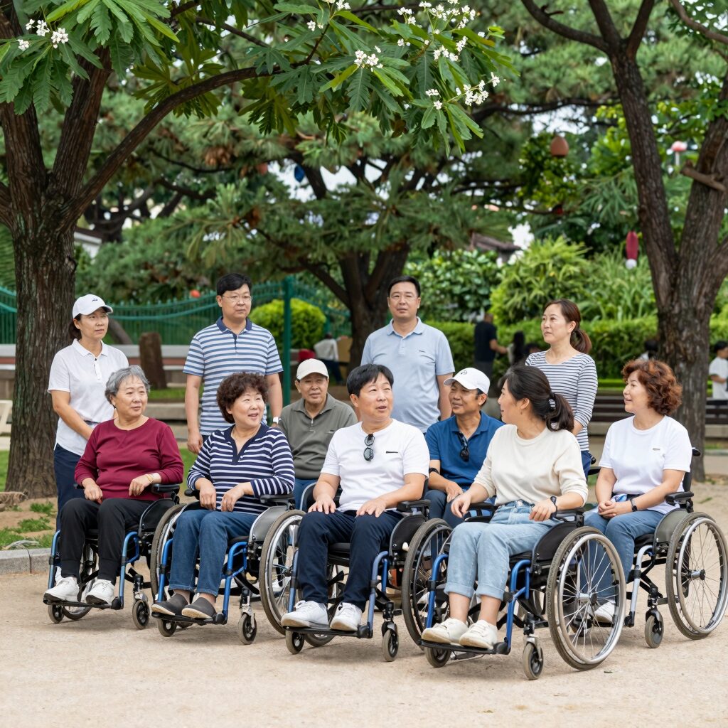 발달장애인 주간활동서비스 이용자들이 공원에서 단체 사진을 찍고 있는 모습