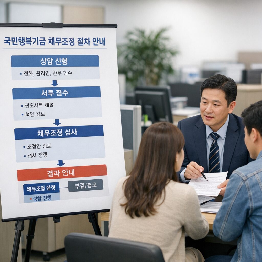 국민행복기금 채무조정 상담 및 신청 절차를 설명하는 다이어그램