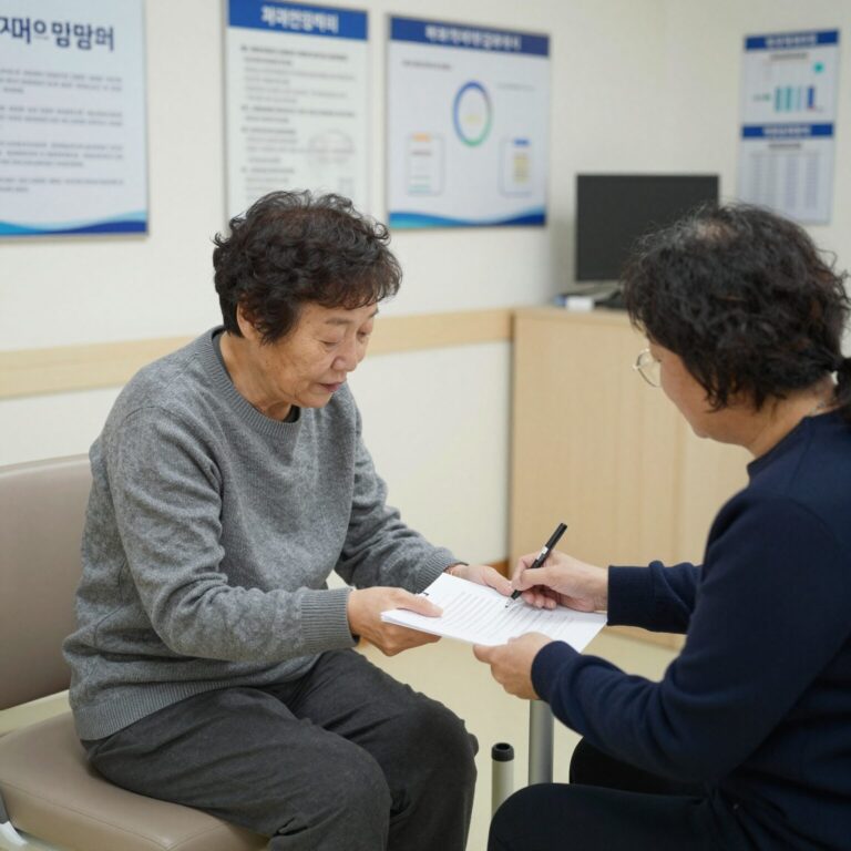 치매안심센터에서 어르신이 인지 검사를 받고 상담하는 모습