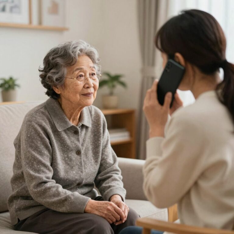 치매상담콜센터 상담사가 전화로 어르신과 상담하는 모습을 표현한 이미지