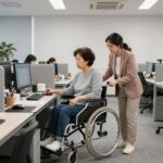 장애인 인턴제를 설명하는 이미지로, 중년 여성과 남성이 사무실에서 함께 일하는 모습을 표현한 일러스트