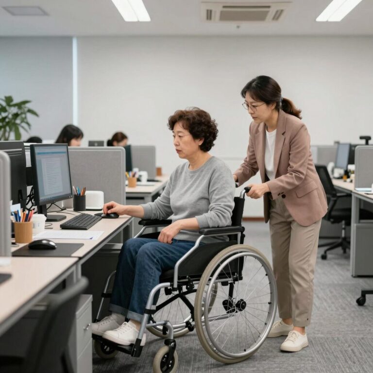 장애인 인턴제를 설명하는 이미지로, 중년 여성과 남성이 사무실에서 함께 일하는 모습을 표현한 일러스트
