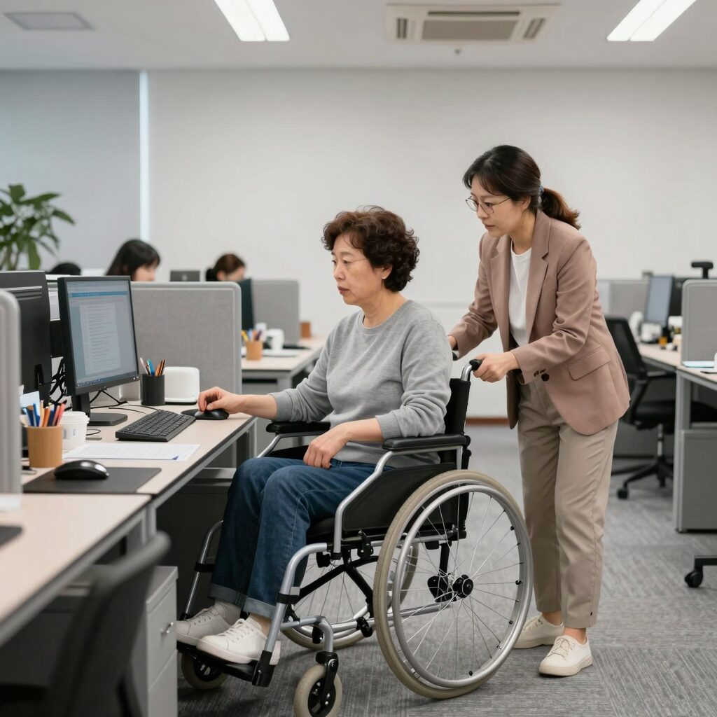 장애인 인턴제를 설명하는 이미지로, 중년 여성과 남성이 사무실에서 함께 일하는 모습을 표현한 일러스트