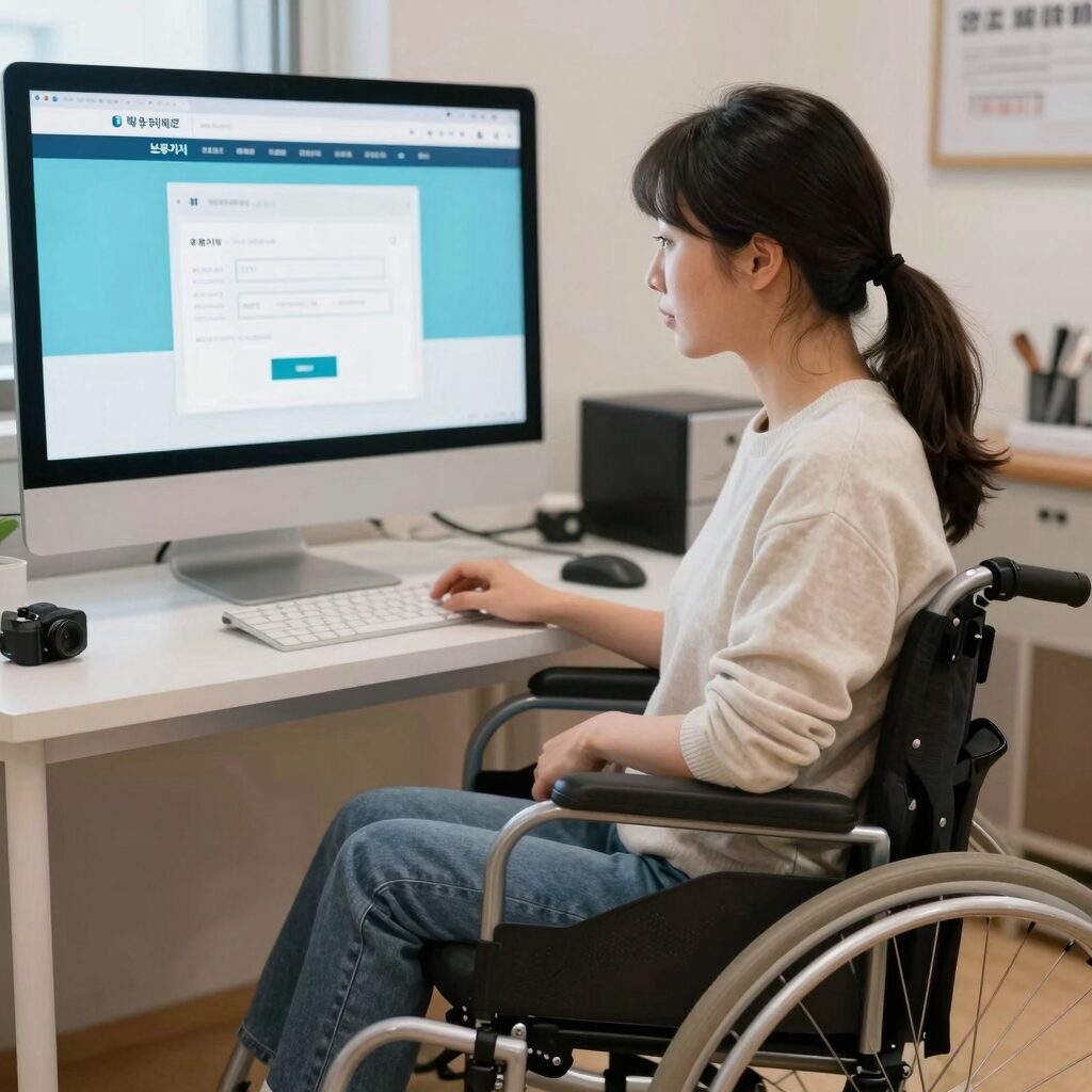 장애인 보조기기 교부 신청을 위해 복지로 홈페이지를 사용하는 모습