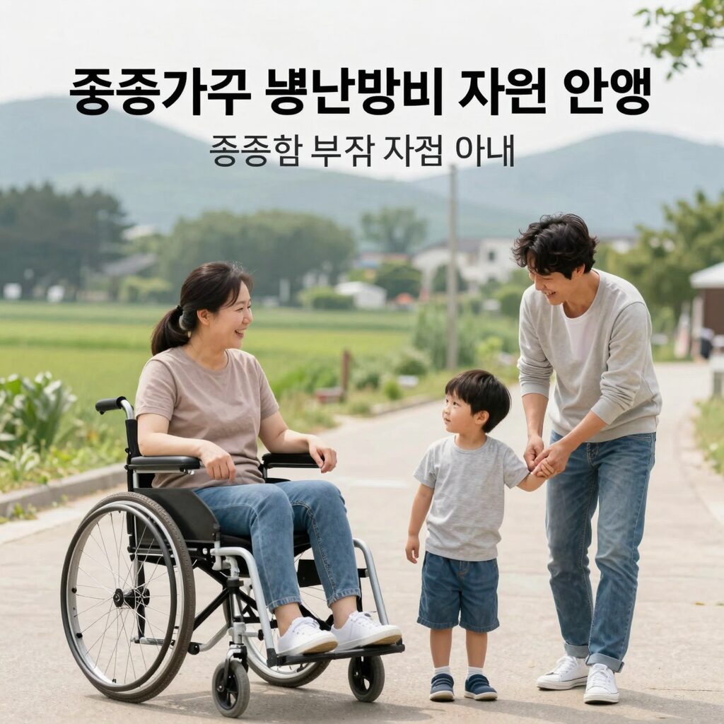 장애인가구 냉난방비 지원 사업 안내 이미지, 중증장애인과 가족이 함께 편안하게 지내는 모습