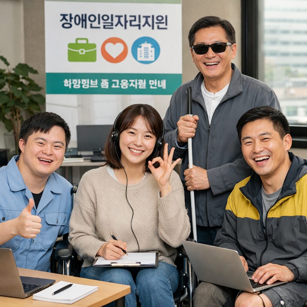 장애인일자리지원 사업 안내와 함께 웃고 있는 다양한 장애인
