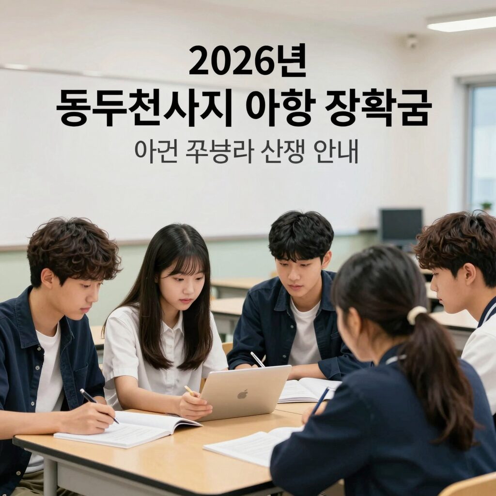 2026년 동두천시 애향 장학금 신청 안내 이미지, 대학생과 고등학생이 함께 있는 모습