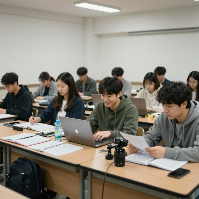 다양한 국적의 사람들이 함께 운전면허 교실에서 웃으며 공부하는 모습