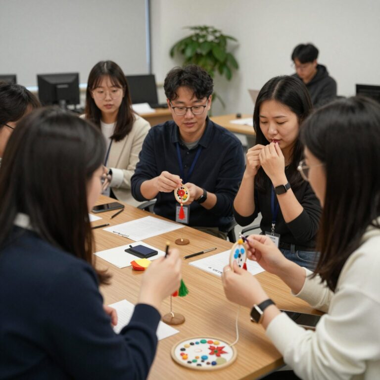 직원들이 함께 드림캐쳐를 만들며 대화하고 웃고 있는 EAP 힐링 프로그램 현장 사진