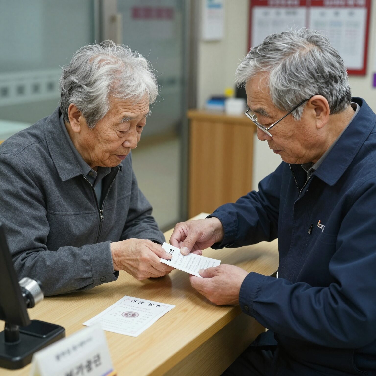 할인 적용을 위해 역 창구에서 직원에게 신분증을 보여주는 어르신의 모습
