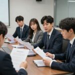 회의실에서 직원들이 고용창출장려금 관련 서류를 검토하며 이야기하는 모습