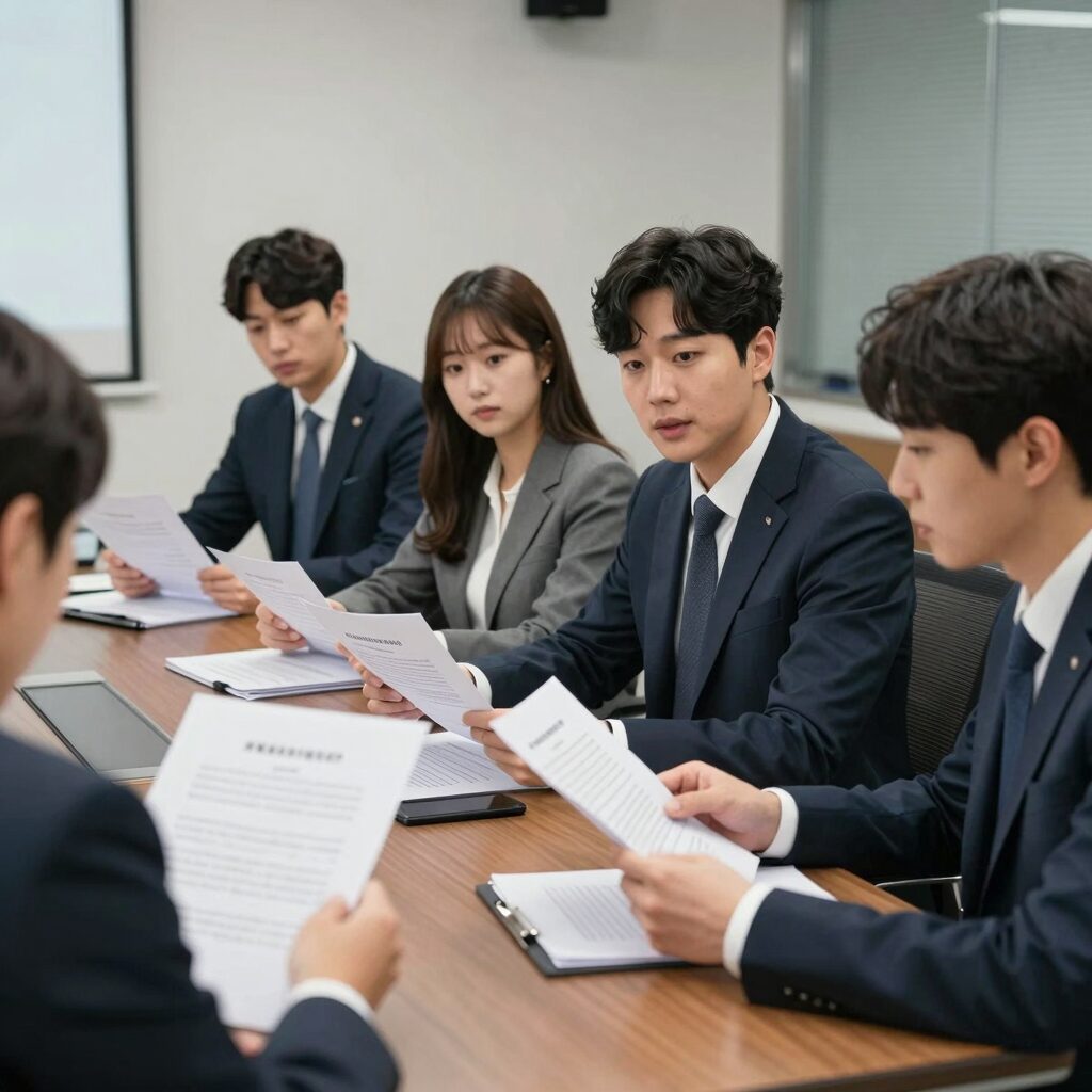 회의실에서 직원들이 고용창출장려금 관련 서류를 검토하며 이야기하는 모습