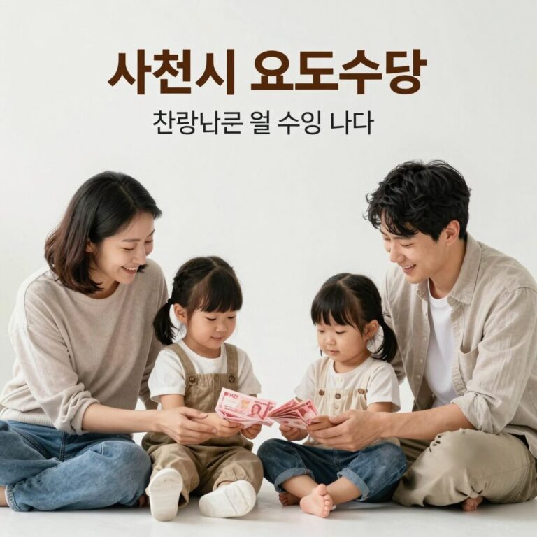 사천시 효도수당을 설명하는 그래픽, 4대 가족이 함께 있는 모습과 현금 지원 아이콘