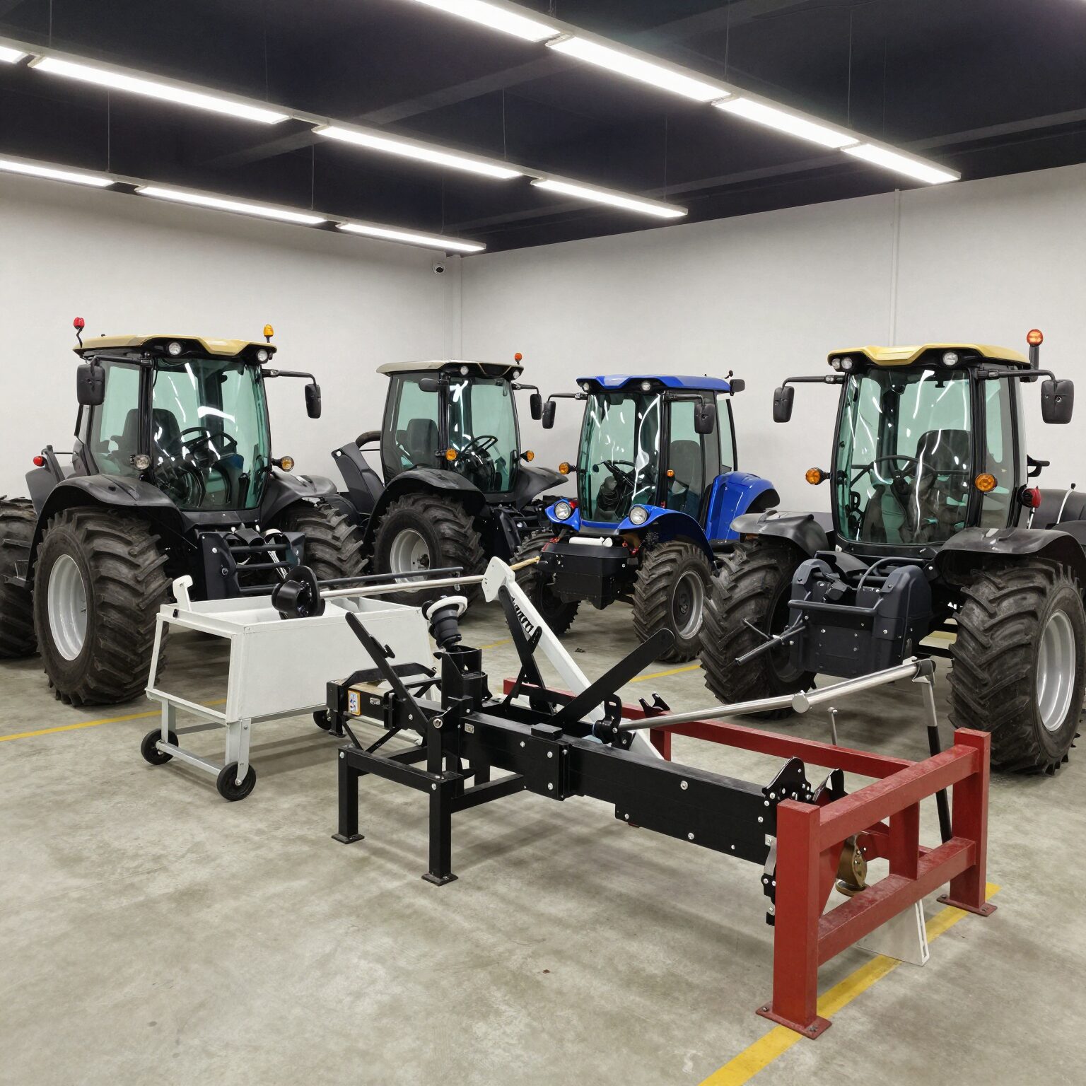 이천시 북부 농기계 임대사업소 내부의 깨끗하게 정리된 다양한 농기계들이 진열되어 있는 모습