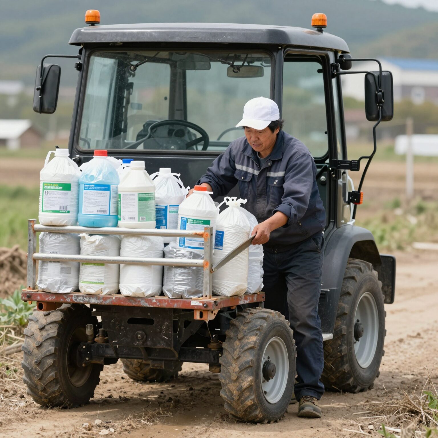 농민이 트랙터에 폐비닐과 폐농약 용기를 싣고 수거장으로 가는 모습