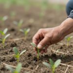 농업경영회생자금 지원을 상징하는 이미지, 힘든 농사를 지은 농부의 손과 새싹이 돋는 밭