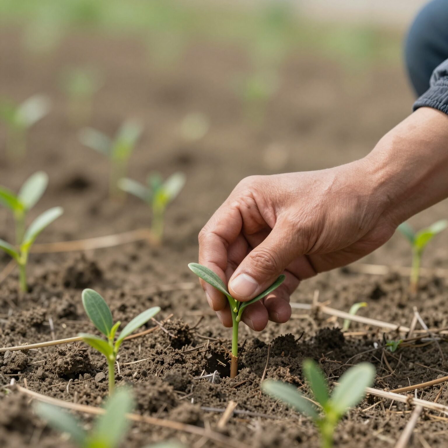 농업경영회생자금 지원을 상징하는 이미지, 힘든 농사를 지은 농부의 손과 새싹이 돋는 밭