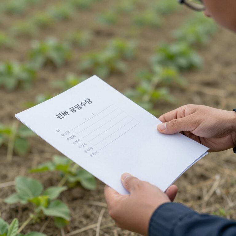 전북 농민 공익수당 신청 서류를 들고 있는 농부의 손, 배경은 논밭