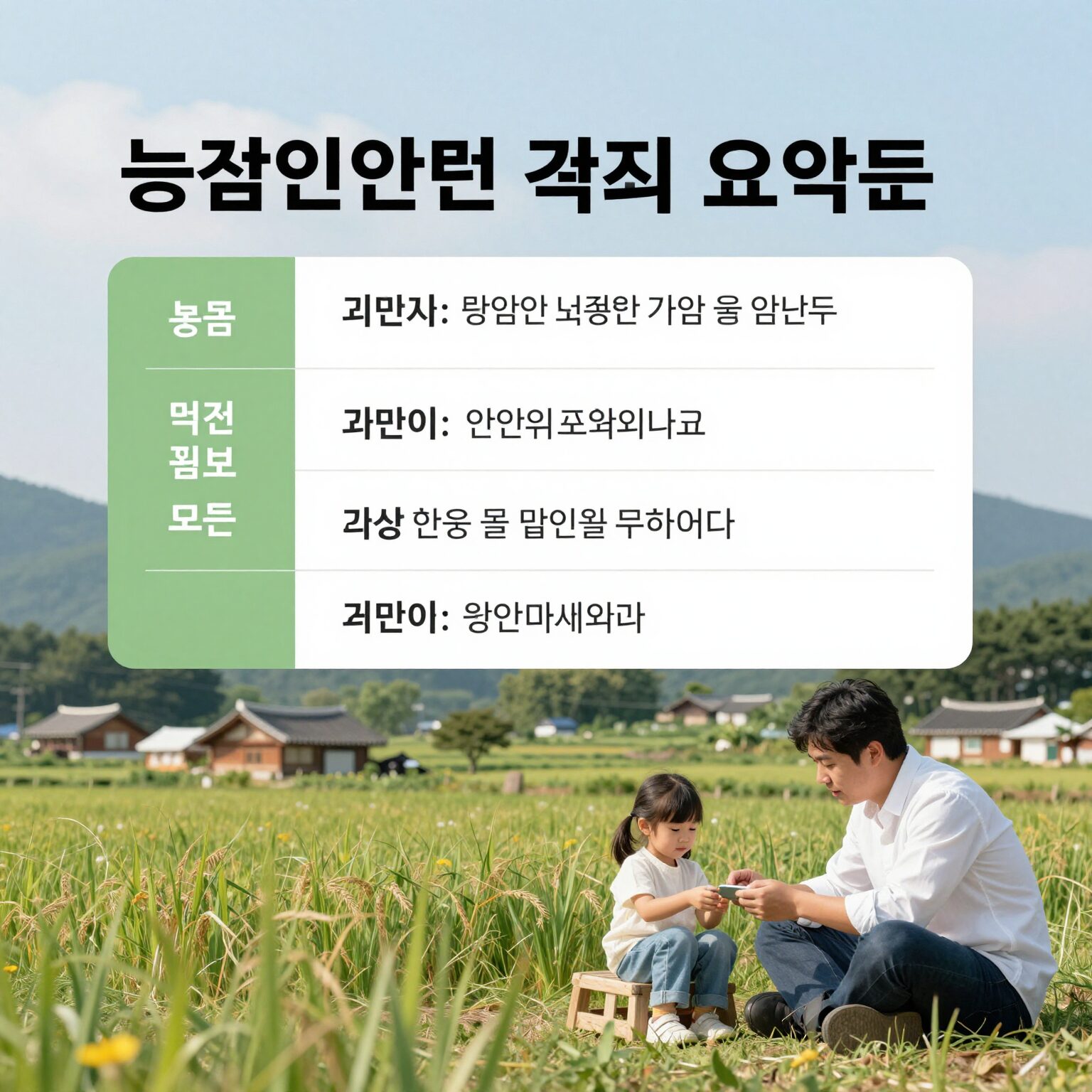 농업인안전보험 핵심 정보 요약 표와 농촌 풍경