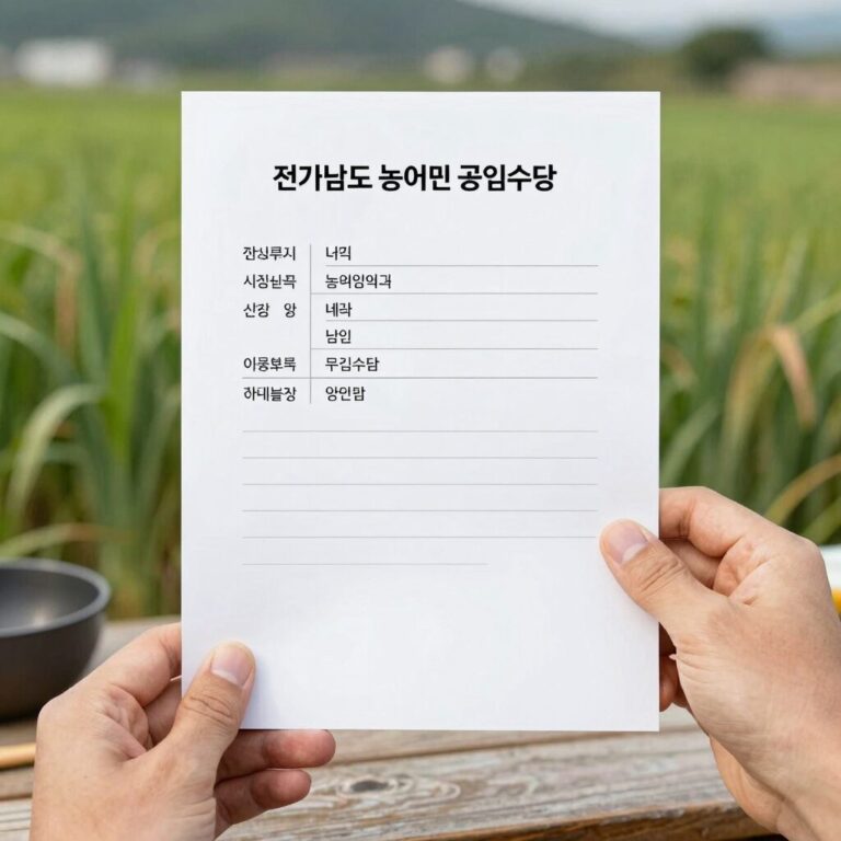 전라남도 농어민 공익수당 신청 서류와 농업 도구가 놓인 테이블