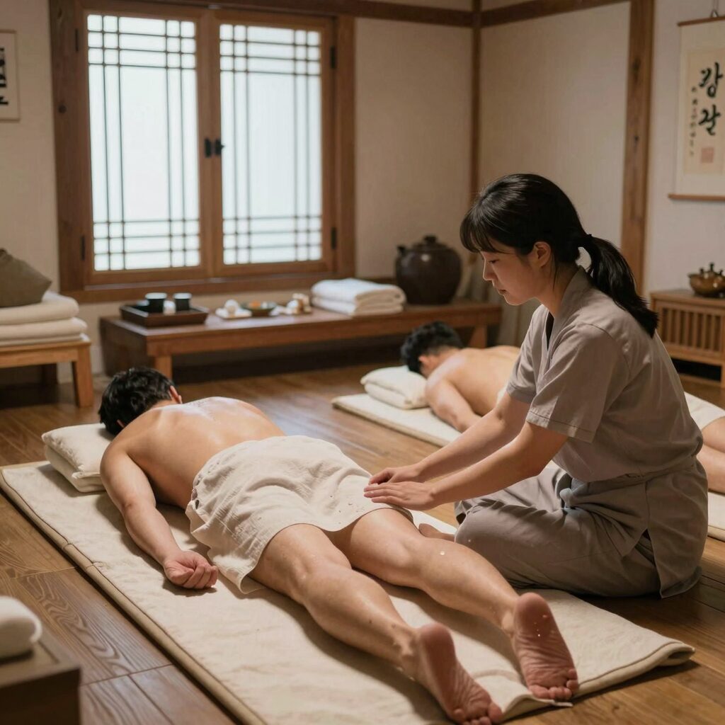 영천 한의마을 족욕체험장에서 사상체질별 한방 족욕제로 피로를 풀고 있는 모습