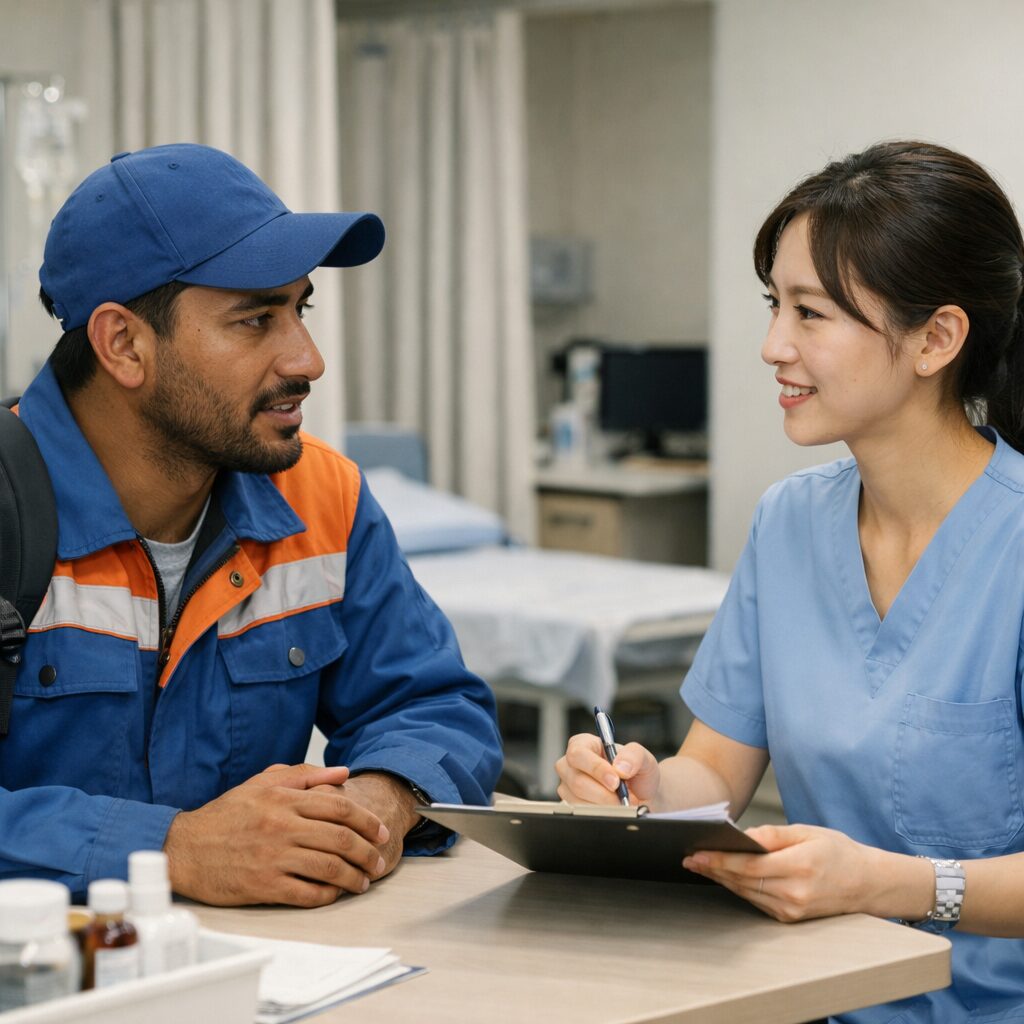 외국인 근로자가 병원에서 간호사와 상담하는 모습, 의료 지원 정보가 담긴 브로셔를 보고 있음