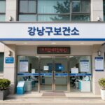 강남구보건소 외관과 산후도우미 서비스를 상징하는 아이콘